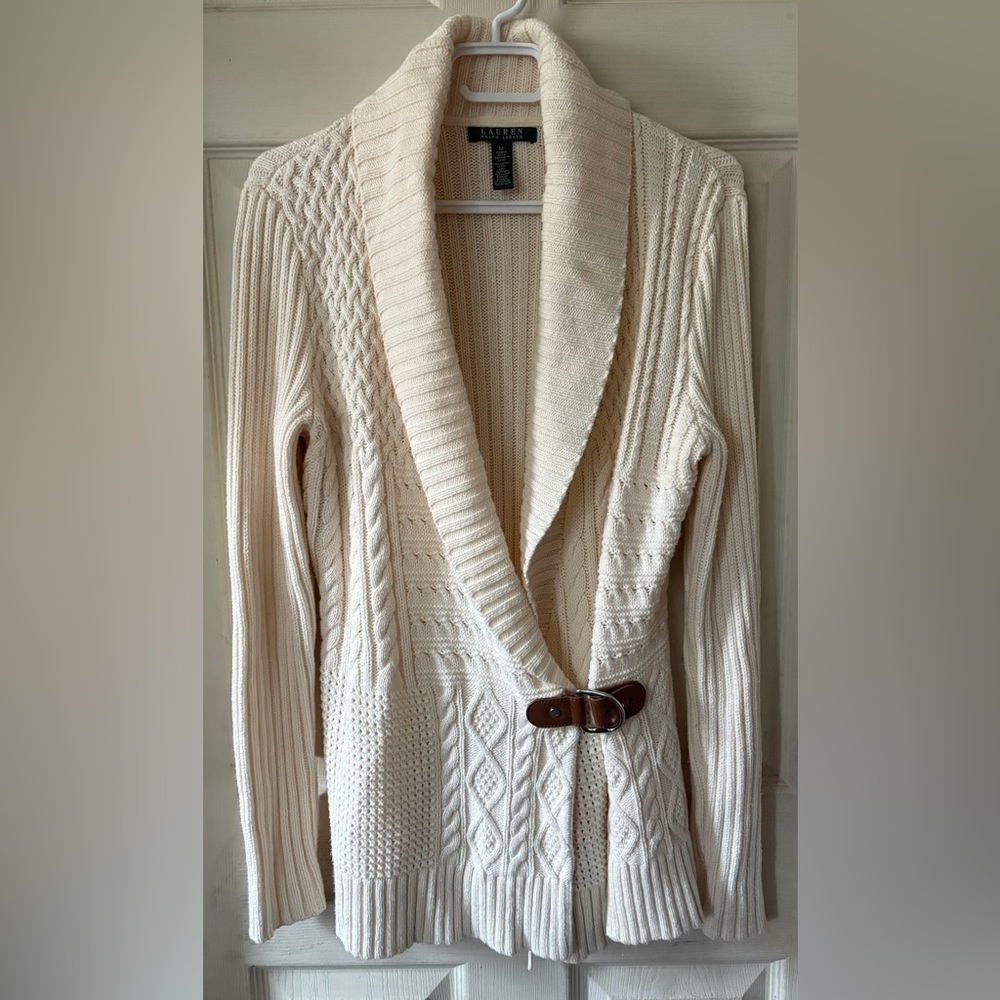 Ralph Lauren Cream Cable Knit Shawl Collar Cardigan with Leather Buckle